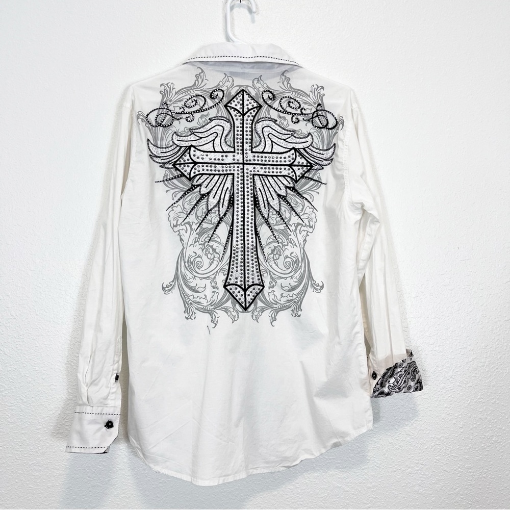 Men's White Button-Down Shirt with Embroidered Cross Back